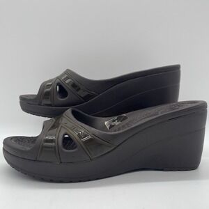 Crocs Womens 8 Shoes Sassari Wedge Slides Sandals Heels Chocolate Brown Mules